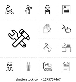 Worker icon. collection of 13 worker outline icons such as businessman, hummer and wrench, trowel, resume, nurse. editable worker icons for web and mobile.