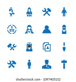 Worker icon. collection of 16 worker filled icons such as casino girl, maid, resume, wrench hummer, user, man, trowel. editable worker icons for web and mobile.