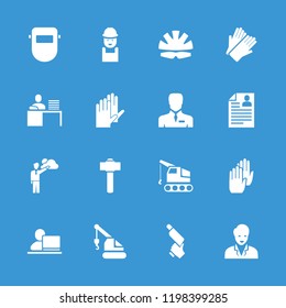 Worker icon. collection of 16 worker filled icons such as businessman, helmet, glove, gloves, crane, man with laptop, garden hammer. editable worker icons for web and mobile.