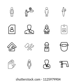 Worker icon. collection of 16 worker outline icons such as casino girl, nail gun, welder mask, resume, businessman, man, home repair. editable worker icons for web and mobile.