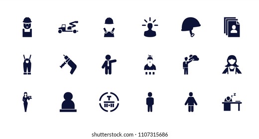 Worker icon. collection of 18 worker filled icons such as casino girl, maid, businessman, cargo terminal, helmet. editable worker icons for web and mobile.