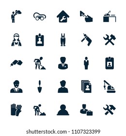 Worker icon. collection of 25 worker filled icons such as glove, crane, trowel, welding glasses, digging man, wrench hummer, user. editable worker icons for web and mobile.