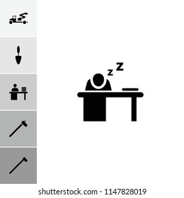 Worker icon. collection of 6 worker filled icons such as trowel, garden hammer, man working at the table, man sleeping on table. editable worker icons for web and mobile.