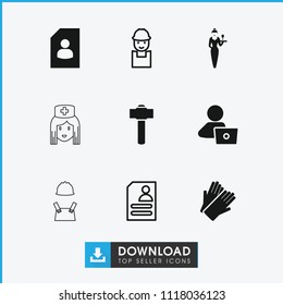 Worker icon. collection of 9 worker filled and outline icons such as gloves, man with laptop, resume, casino girl, garden hammer. editable worker icons for web and mobile.