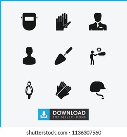 Worker icon. collection of 9 worker filled icons such as gloves, welder mask, businessman, man, user, maid, trowel. editable worker icons for web and mobile.