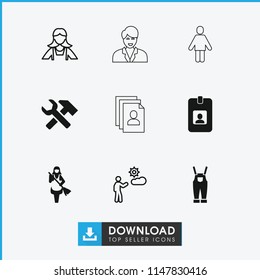 Worker icon. collection of 9 worker filled and outline icons such as maid, man, hummer and wrench, gardener jumpsuit, clipboard. editable worker icons for web and mobile.