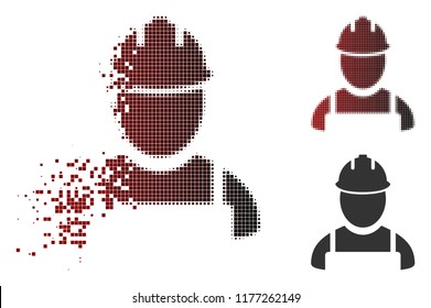 Worker icon in dispersed, pixelated halftone and undamaged solid variants. Points are composed into vector dispersed worker symbol.