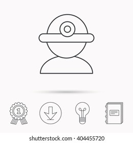 Worker icon. Engineering helmet sign. Download arrow, lamp, learn book and award medal icons.
