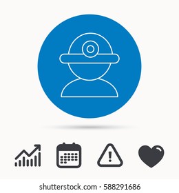 Worker icon. Engineering helmet sign. Calendar, attention sign and growth chart. Button with web icon. Vector