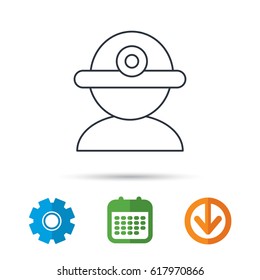 Worker icon. Engineering helmet sign. Calendar, cogwheel and download arrow signs. Colored flat web icons. Vector