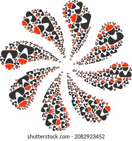 Worker icon exploding cluster flower fireworks composition. Flower whirlpool combined using random worker symbols.