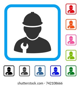 Worker icon. Flat gray pictogram symbol in a light blue rounded squared frame. Black, gray, green, blue, red, orange color additional versions of Worker vector. Designed for web and application UI.