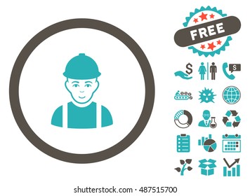 Worker icon with free bonus images. Vector illustration style is flat iconic bicolor symbols, grey and cyan colors, white background.