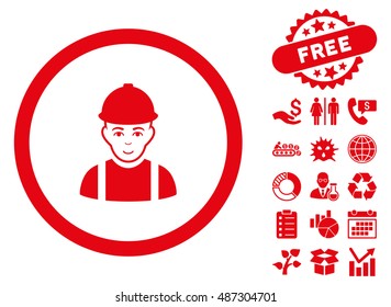Worker icon with free bonus symbols. Vector illustration style is flat iconic symbols, red color, white background.