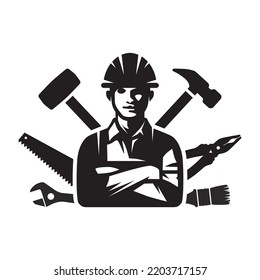 The worker icon. Jack of all trades. A black silhouette of a man in a construction helmet surrounded by construction tools. Vector illustration isolated on a white background for design and web.