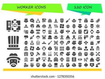  worker icon set. 120 filled worker icons. Simple modern icons about  - Worker, Farmer, Hat, Avatar, Helmet, Teamwork, Fretsaw, Welder, Scraper, Hammer, Vest, Safety glasses, Bee