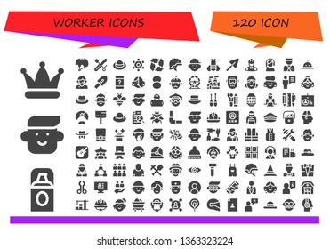 worker icon set. 120 filled worker icons.  Collection Of - Hat, Foundation, Avatar, Helmet, Screwdriver, Team, Teamwork, Bee, Trowel, Worker, Customer service, Bellboy, Man, Hamster wheel
