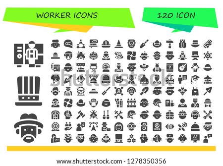  worker icon set. 120 filled worker icons. Simple modern icons about  - Worker, Farmer, Hat, Avatar, Helmet, Teamwork, Fretsaw, Welder, Scraper, Hammer, Vest, Safety glasses, Bee