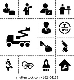 Worker icon. set of 13 filled worker icons such as casino girl, maid, businessman, man with laptop, crane, nail gun, trowel, welding glasses, cargo terminal