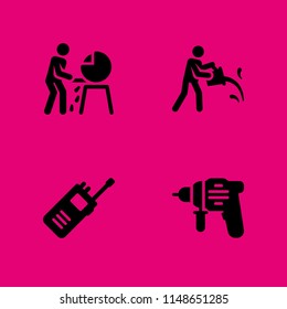 worker icon set. cleaning, driller and walkie talkie vector icon for graphic design and web