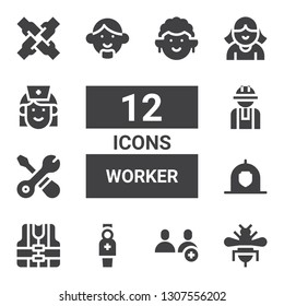 worker icon set. Collection of 12 filled worker icons included Bee, Users, Nurse, Vest, Helmet, Tools, Worker, Avatar, Teamwork