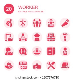 worker icon set. Collection of 20 filled worker icons included Screwdriver, Characters, Teamwork, Clerk, Handsaw, Maintenance, Worker, Bust, Vest, Businessman, User, Customer service