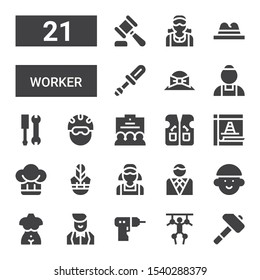 worker icon set. Collection of 21 filled worker icons included Hammer, Puppet, Driller, Croupier, Bust, Avatar, Businessman, Clerk, Hat, Maintenance, Vest, Team, Helmet, Tools