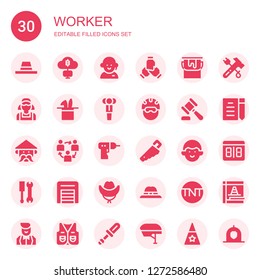 worker icon set. Collection of 30 filled worker icons included Hat, Mining, Customer service, Teamwork, Paint bucket, Clerk, Businessman, Helmet, Hammer, Man, Driller, Handsaw