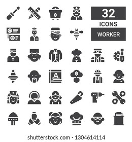 worker icon set. Collection of 32 filled worker icons included Paint bucket, Avatar, Hat, Teamwork, Helmet, Tools, Driller, Handsaw, Customer service, Nurse, Worker, Mining, Maintenance