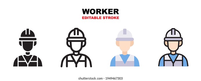 Worker icon set with different styles. Icons designed in filled, outline, flat, glyph and line colored. Editable stroke and pixel perfect. Can be used for web, mobile, ui and more.