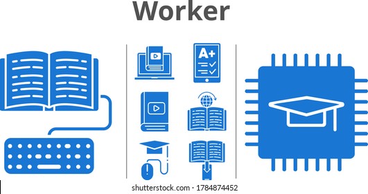 worker icon set. included e-reader, chip, e-book, homework, learn, e-learning, learning icons. filled styles.