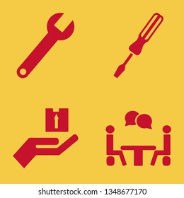 worker icon set with talking people, wrench and screwdriver vector illustration
