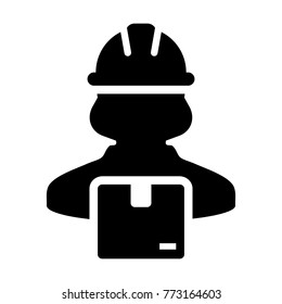 Worker Icon Vector Female Logistics Service Person Profile Avatar with Cargo Parcel Box for Freight and Courier with Hard Hat in Glyph Pictogram Symbol illustration