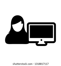 Worker icon vector female person user with computer monitor screen avatar in flat color in Glyph Pictogram Symbol illustration