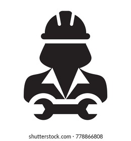 Worker Icon Vector Female Service Person Profile Avatar with Spanner Tool For Factory Maintanence and Mechanical Work with Hard Hat in Glyph Pictogram Symbol illustration