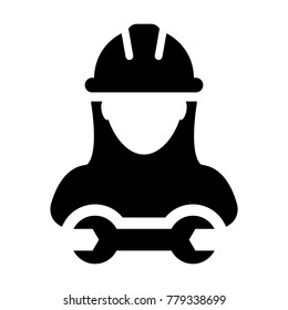 Worker Icon Vector Female Service Person Profile Avatar with Spanner Tool For Factory Maintanence and Mechanical Work with Hard Hat in Glyph Pictogram Symbol illustration