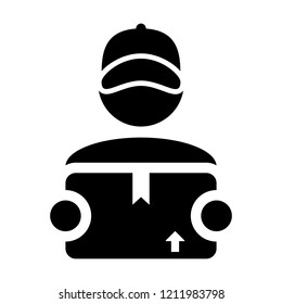 Worker icon vector male logistics service person profile avatar with cargo package box for freight and courier in Glyph Pictogram Symbol illustration