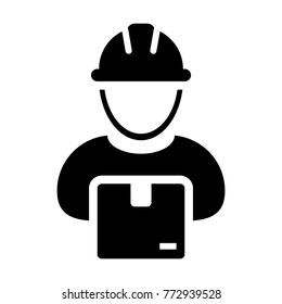 Worker Icon Vector Male Logistics Service Person Profile Avatar with Cargo Parcel Box for Freight and Courier with Hard Hat in Glyph Pictogram Symbol illustration