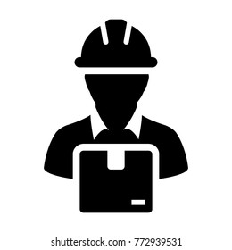 Worker Icon Vector Male Logistics Service Person Profile Avatar with Cargo Parcel Box for Freight and Courier with Hard Hat in Glyph Pictogram Symbol illustration