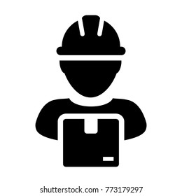 Worker Icon Vector Male Logistics Service Person Profile Avatar with Cargo Parcel Box for Freight and Courier with Hard Hat in Glyph Pictogram Symbol illustration