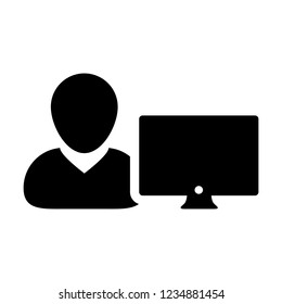 Worker icon vector male person user with computer monitor screen avatar in flat color in Glyph Pictogram Symbol illustration