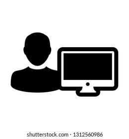 Worker icon vector male person user with computer monitor screen avatar in flat color in Glyph Pictogram Symbol illustration