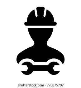Worker Icon Vector Male Service Person Profile Avatar with Spanner Tool For Factory Maintanence and Mechanical Work with Hard Hat in Glyph Pictogram Symbol illustration