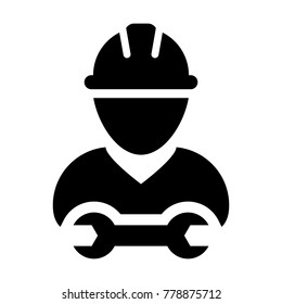 Worker Icon Vector Male Service Person Profile Avatar with Spanner Tool For Factory Maintanence and Mechanical Work with Hard Hat in Glyph Pictogram Symbol illustration