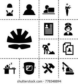 Worker icons. set of 13 editable filled worker icons such as resume, crane, digging man, user, nurse, man sleeping on table, helmet, casino girl, man with laptop, worker