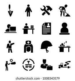 Worker icons. set of 16 editable filled worker icons such as man, cargo terminal, helmet, man working at the table, man sleeping on table, male consultant   with case, trowel