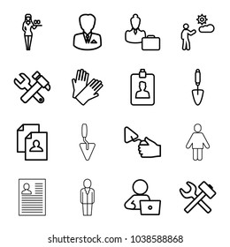 Worker icons. set of 16 editable outline worker icons such as casino girl, gloves, resume, man with laptop, hummer and wrench, trowel, wrench hummer, man, clipboard