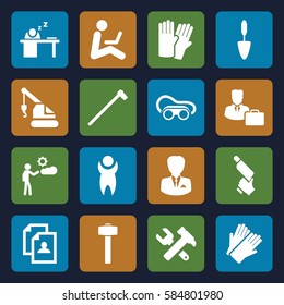 worker icons set. Set of 16 worker filled icons such as glove, gloves, resume, hummer and wrench, crane, nail gun, welding glasses, trowel, garden hammer, man