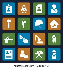 worker icons set. Set of 16 worker filled icons such as Casino girl, worker, crane, trowel, garden hammer, helmet, clipboard, man sleeping on table, home repair