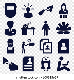 Worker icons set. set of 16 worker filled icons such as Casino girl, resume, trowel, worker, welder mask, nurse, man, man sleeping on table, helmet, businessman, user bulb